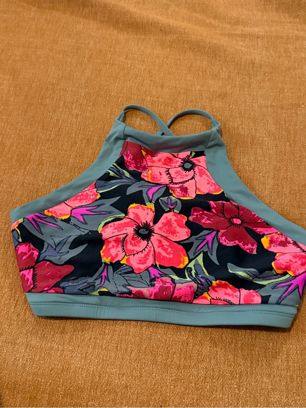 High-Neck Halter Floral Bikini Top - Green and Pink Size large swim top